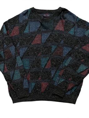 Pine State Sweater Mens L Pullover Crewneck Abstract Wool Knit Blue Vintage